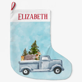 Weihnachtswagen mit Pinienbäumen und Waldtieren Großer Weihnachtsstrumpf