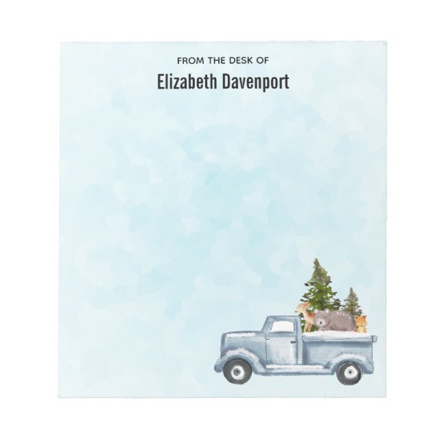 Weihnachtswagen mit Pinienbäumen und Waldtieren Notizblock (Vorderseite)