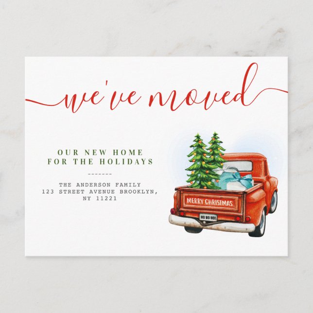 Weihnachtswagen Neue Zuhause-Ankündigung Postkarte (Vorderseite)