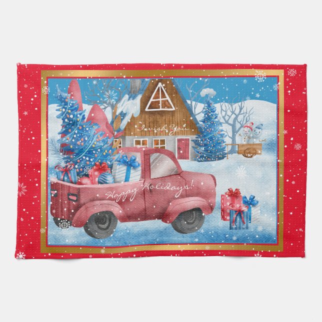 Weihnachtswagen Red Holiday kundenspezifisch Geschirrtuch (Horizontal)