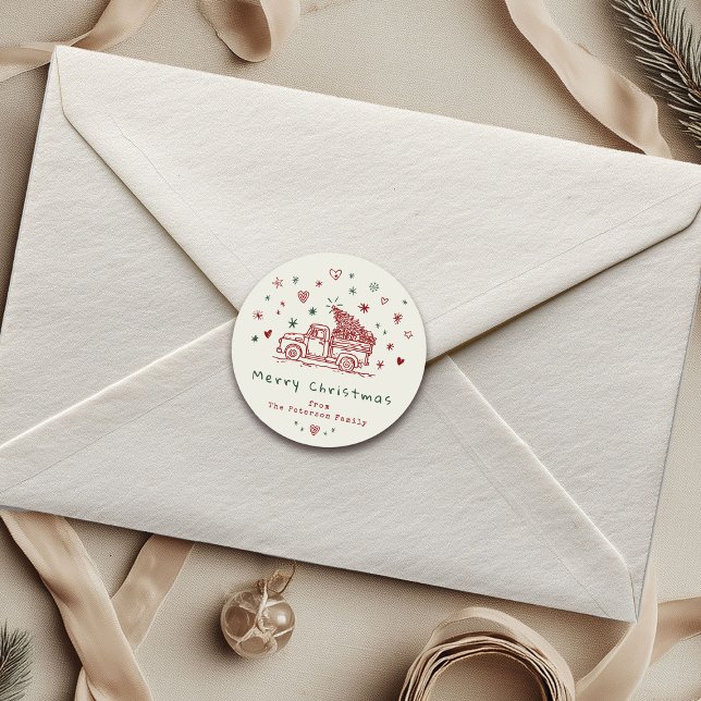 Weihnachtswagen Retro Rot und Grün Runder Aufkleber (Von Creator hochgeladen)