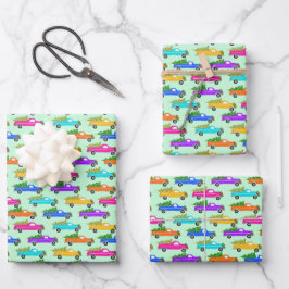 Weihnachtswagen Xmas Bäume Kämpfe farbenfroh grün Geschenkpapier Set