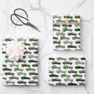 Weihnachtswagen Xmas Trees Wreaths Graustufen Geschenkpapier Set