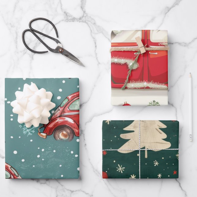 Weihnachtswagenmuster Geschenkpapier Set (Vorderseite)