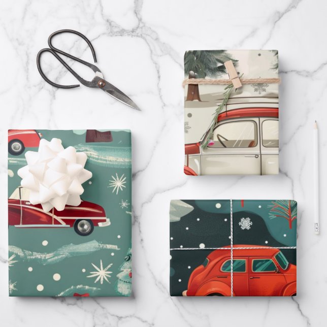 Weihnachtswagenmuster Geschenkpapier Set (Vorderseite)