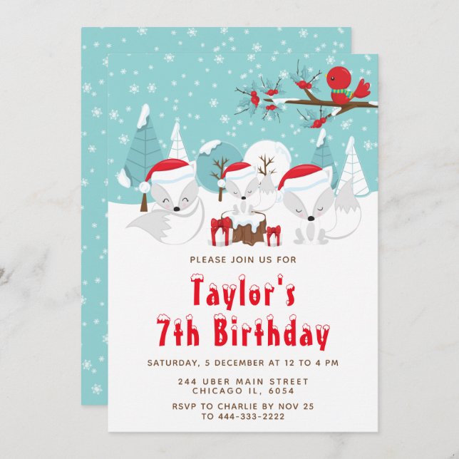 Weihnachtswald Arctic Fox Geburtstagsparty Einladung (Vorne/Hinten)