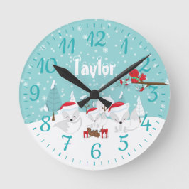 Weihnachtswald-Arktische Füchse Runde Wanduhr