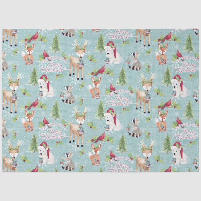 Weihnachtswald Hirschbärtiere Dusty Blue Seidenpapier (Vorderseite)