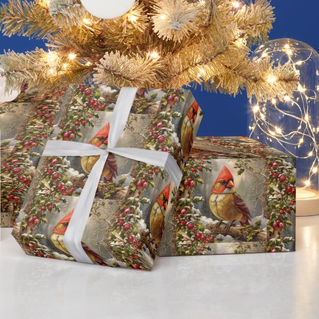 Weihnachtswald mit Stechpalmenbeere, Vogel, Winter Geschenkpapier (Feiertage)