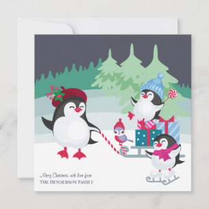 Weihnachtswald-Schneeszene mit süßen Pinguinen Feiertagskarte