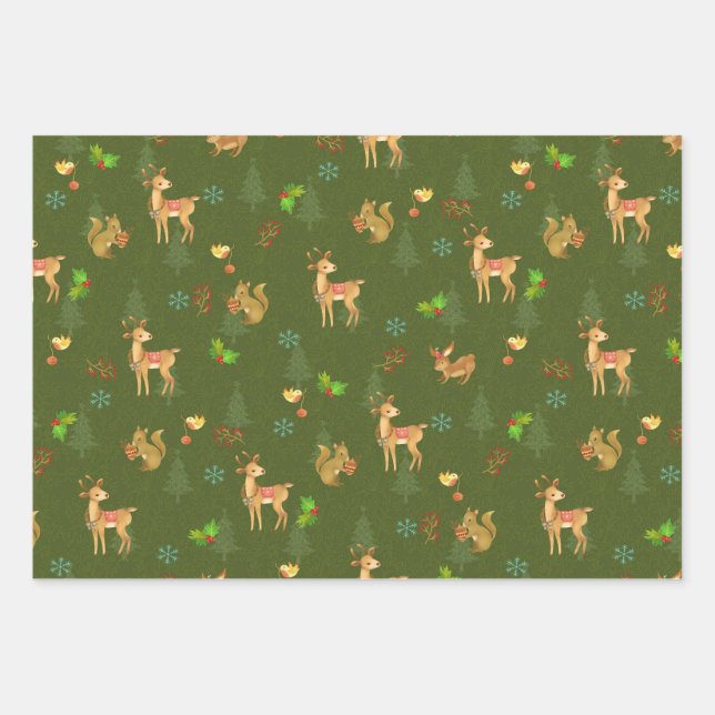 Weihnachtswaldlandwrapping Paper Flat Green Geschenkpapier Set (Vorderseite)