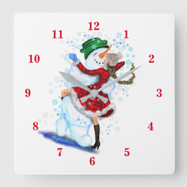 Weihnachtswall-Uhr mit Snowman und Girl-Tanz Quadratische Wanduhr (Vorderseite)