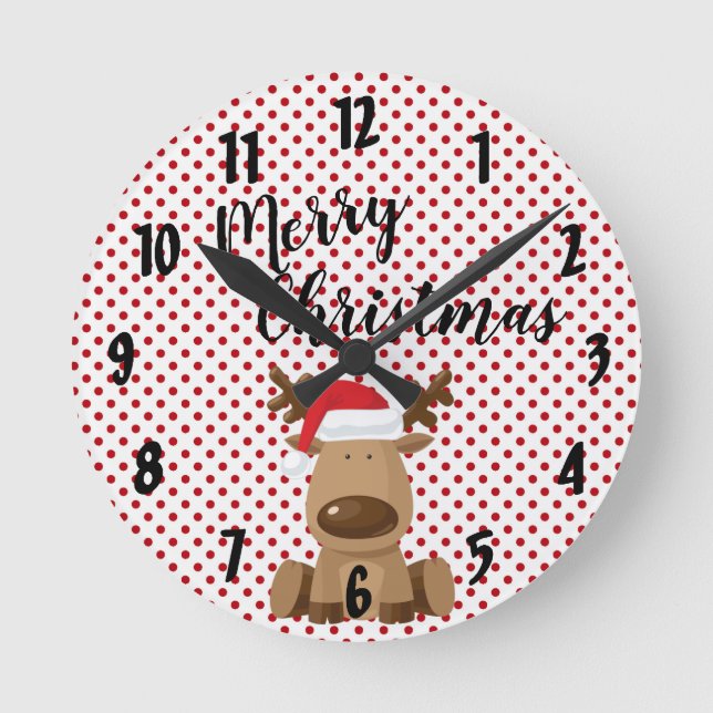 Weihnachtswall-Uhr Rentier Polka Dot Punkt P Runde Wanduhr (Vorderseite)