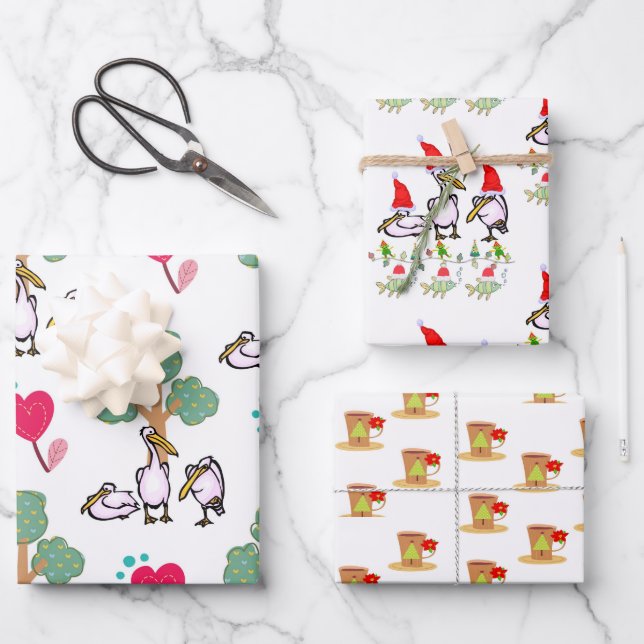 Weihnachtswaschpapier Blätter Pelikane (Vorderseite)