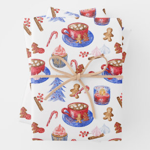 Weihnachtswasserfarbe Heiße Schokolade und Süßigke Geschenkpapier Set