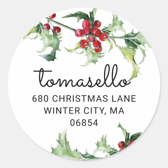 Weihnachtswasserfarbe Holly Berries Rücksendeadres Runder Aufkleber (Vorderseite)