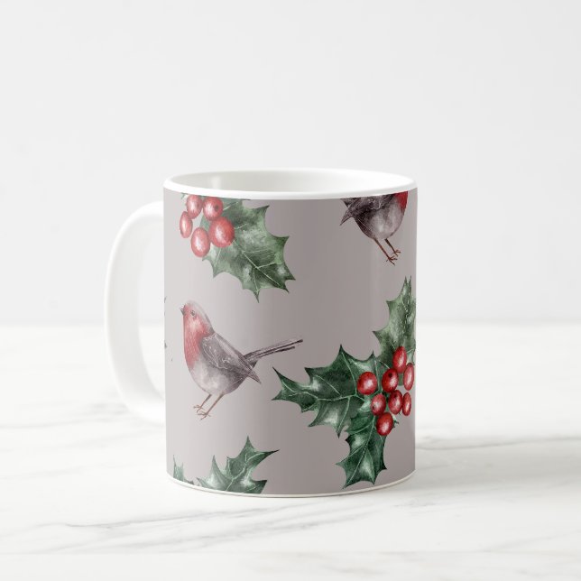 Weihnachtswasserfarbe Robin Birds Muster Kaffeetasse (Vorderseite Links)