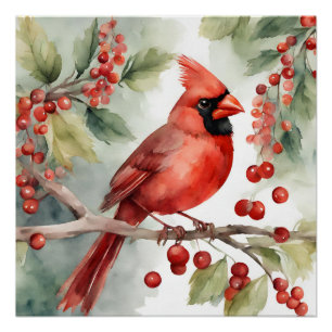 Weihnachtswasserfarbe Roter Kardinal und Beeren Poster