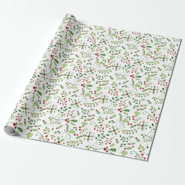 Weihnachtswasserfarbe Rotes Grün Holly Berry Folia Geschenkpapier (Ungerollt)