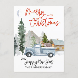 Weihnachtswasserfarbe Vintager Lkw-Wald Feiertagspostkarte