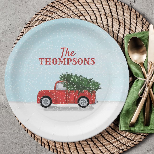 Weihnachtswasserfarbe Vintager roter Lkw Nostalgie Pappteller (Cute whimsical Christmas tree and rustic red truck winter scene paper plate. )