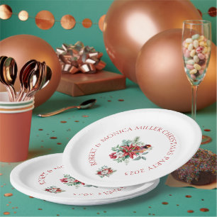 Weihnachtswasserfarben Blume, Blätter und Vögel Pappteller