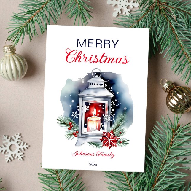 Weihnachtswasserlanden-Poinsettia Feiertagskarte (Christmas greeting card modern watercolor template digital download lantern with candle poinsettia)