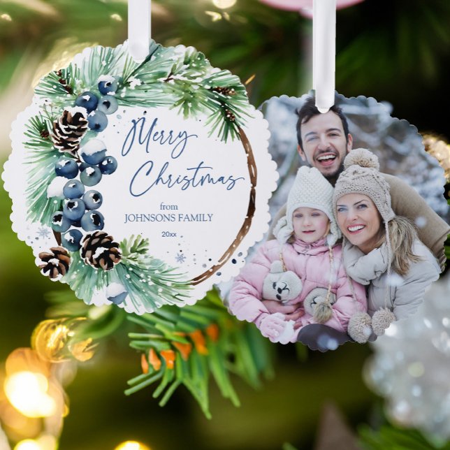 Weihnachtswasserschneekiefer Foto Ornament Karte (Christmas watercolor snowy pines wreath photo ornament Christmas greetings card unique photo cards)