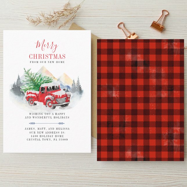 Weihnachtswechsel beim Red Truck Moving Visitenkarte (Rustic Plaid Christmas Red Truck Holidays Moving Announcement)