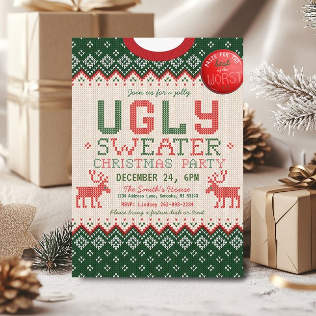Weihnachtsweihnachtsfeiertage in Nylons Einladung (Cute argyle knitted ugly sweater Christmas Party Invitation, green red white tan, prize button  )