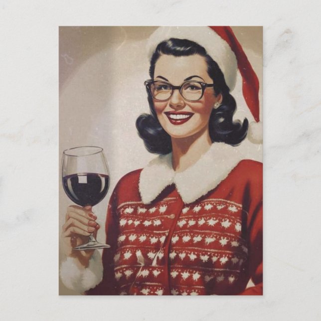 Weihnachtswein Vintage Frau Postkarte (Vorderseite)
