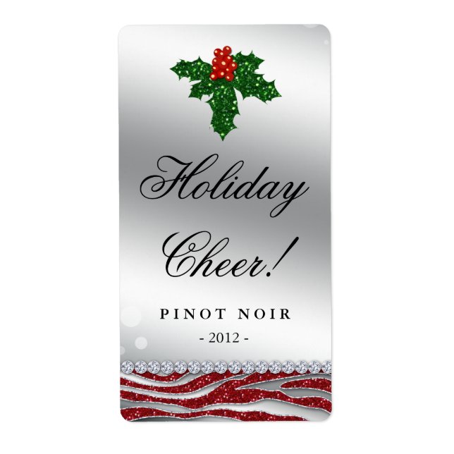 Weihnachtsweinlabel Holly Glitzer Zebra Red (Vorne)