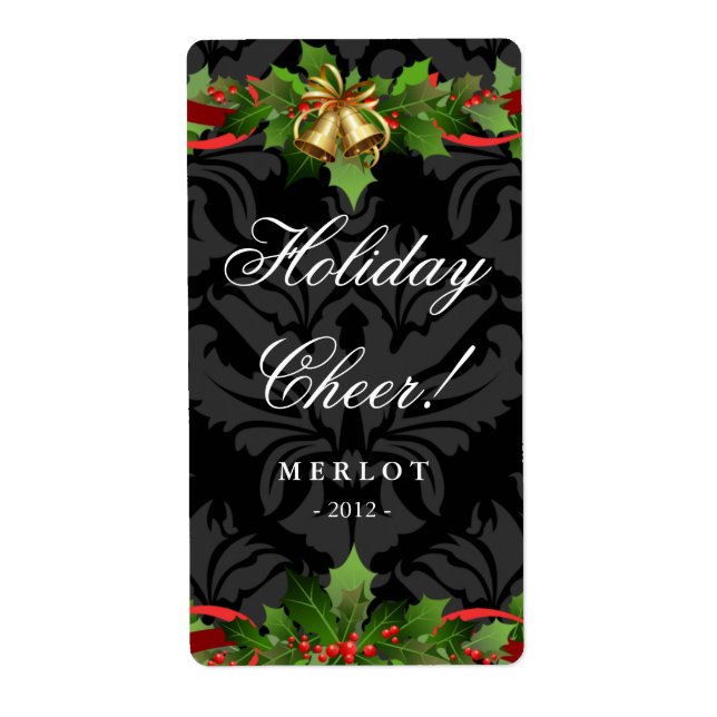 Weihnachtsweinlabel Holly Gold Bells Damask Black (Vorne)