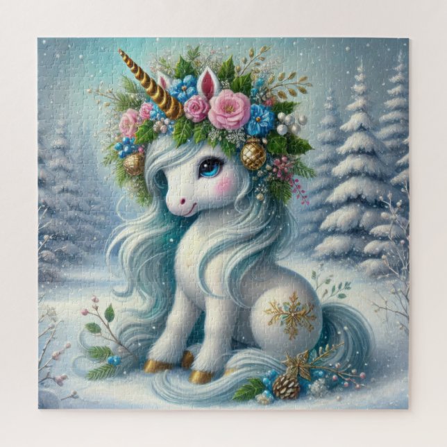 Weihnachtsweiße Einhorn mit Goldhorn Puzzle (Vertikal)
