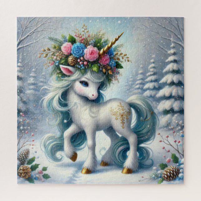 Weihnachtsweiße Einhorn mit Goldhorn Puzzle (Vertikal)