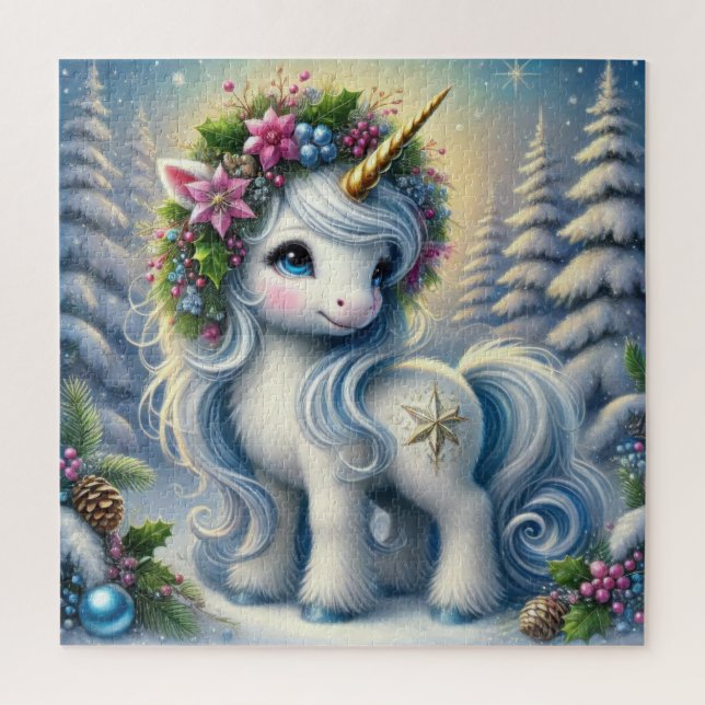 Weihnachtsweiße Einhorn mit Goldhorn Puzzle (Vertikal)