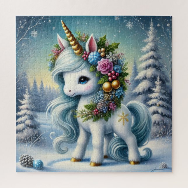 Weihnachtsweiße Einhorn mit Goldhorn Puzzle (Vertikal)