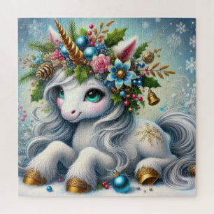Weihnachtsweiße Einhorn mit Goldhorn Puzzle
