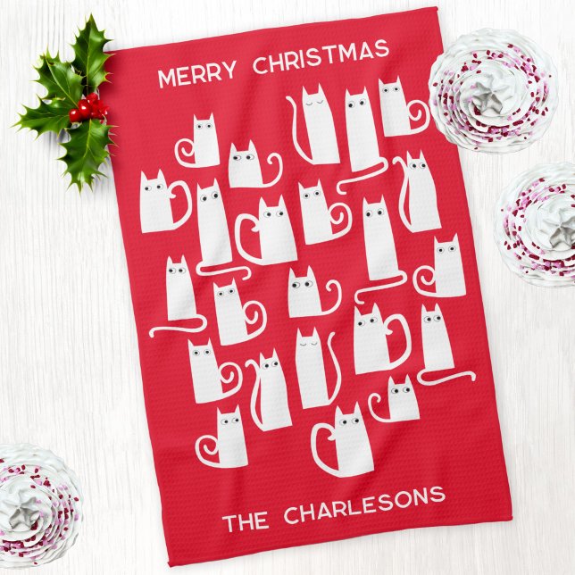 Weihnachtsweiße Katzen Personalisierter Name Geschirrtuch (Fun personalized text Christmas kitty cat red and white kitchen tea towel)