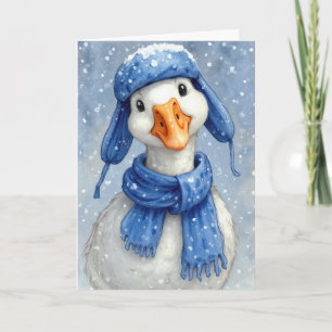Weihnachtsweiße Wintergans mit blauem Schal Karte