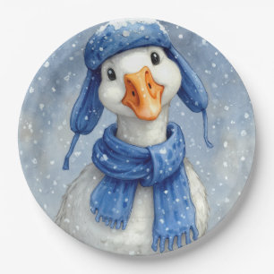 Weihnachtsweiße Wintergans mit blauem Schal Pappteller