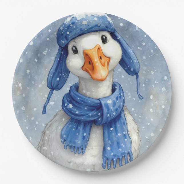 Weihnachtsweiße Wintergans mit blauem Schal Pappteller (Vorderseite)