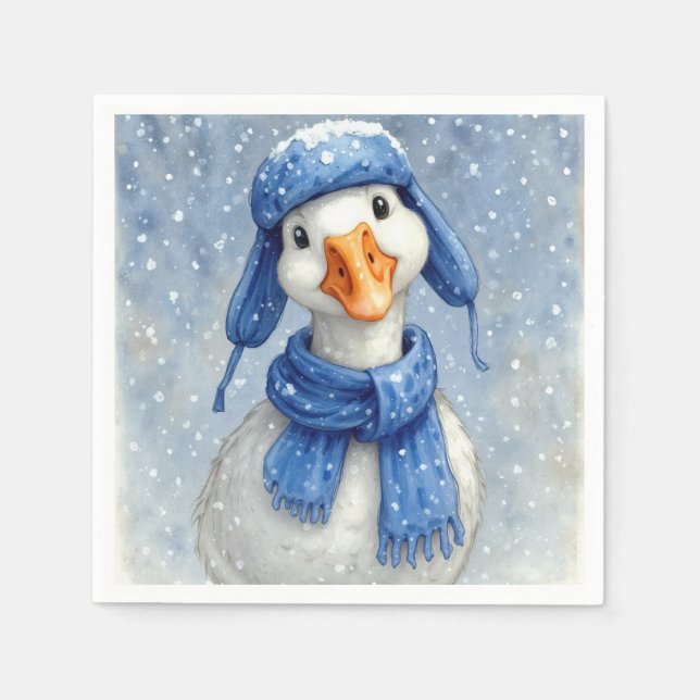 Weihnachtsweiße Wintergans mit blauem Schal Serviette (Vorderseite)
