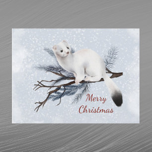 Weihnachtsweißes Hermelin-Kiefer-Aquarell Feiertagspostkarte