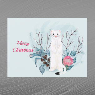 Weihnachtsweißes Hermelin Rosa Floral Aquarell Feiertagspostkarte