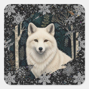 Weihnachtsweißfuchs Weißwolf funkelnder Schneester Quadratischer Aufkleber