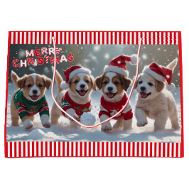 Weihnachtswelpen in Sweatshirts spielen im Schnee Große Geschenktüte