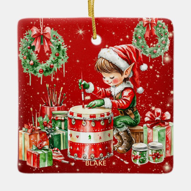 Weihnachtswerkstatt Elf Personalisierte Kinder Wei Keramikornament (Vorderseite)