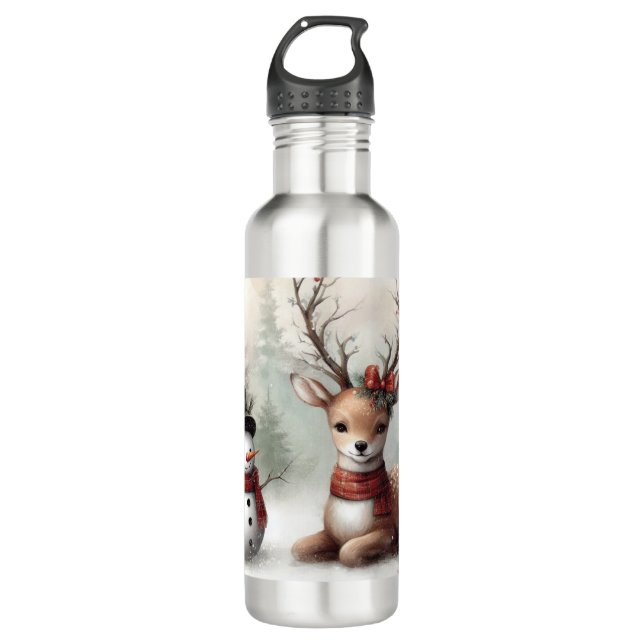 Weihnachtswild/Schneemann im klassischen Wald Edelstahlflasche (Vorderseite)