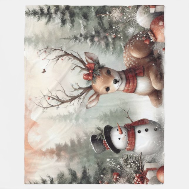 Weihnachtswild/Schneemann im klassischen Wald Fleecedecke (Vorderseite)